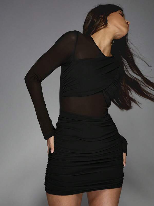 Missguided MISSGUIDED Long Sleeve Ruched Bodycon Mesh Panel Mini Dress