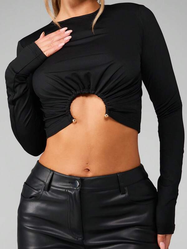 Missguided MISSGUIDED Long Sleeve Ruched Crop Top With Metal Ball Detail
