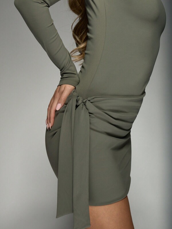 Missguided MISSGUIDED Long Sleeve Ruched Mini Dress With Side Tie Detail