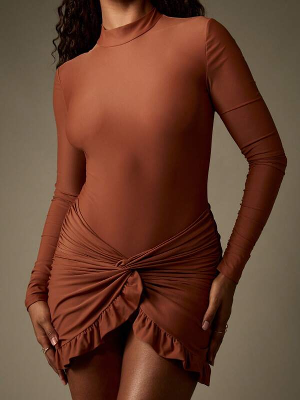 missguided MISSGUIDED Long Sleeve Ruched Mini Dress With Twisted Front