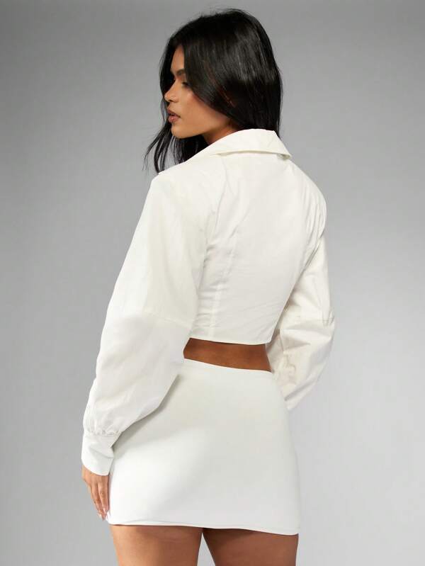 Missguided MISSGUIDED Long Sleeve Ruched Waist Crop Button Down Collared Blouse