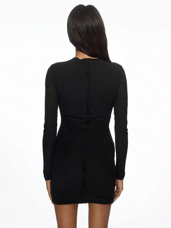 Missguided MISSGUIDED Long Sleeve Ruched Wave Pattern Bodycon Mini Dress