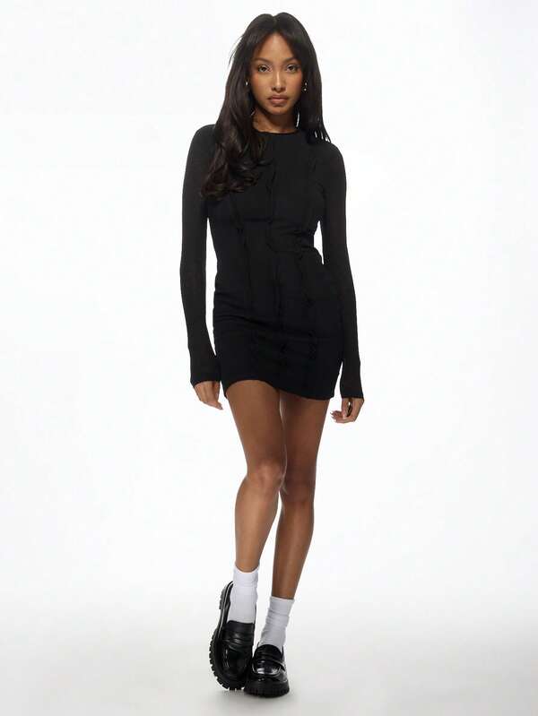 Missguided MISSGUIDED Long Sleeve Ruched Wave Pattern Bodycon Mini Dress