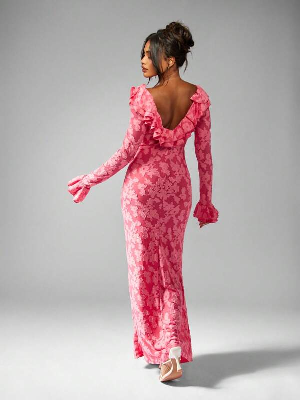 Missguided MISSGUIDED Long Sleeve Ruffle Detail Floral Lace Plunge Neckline Empire Waist Floor Length Maxi Dress
