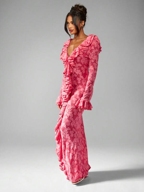 Missguided MISSGUIDED Long Sleeve Ruffle Detail Floral Lace Plunge Neckline Empire Waist Floor Length Maxi Dress