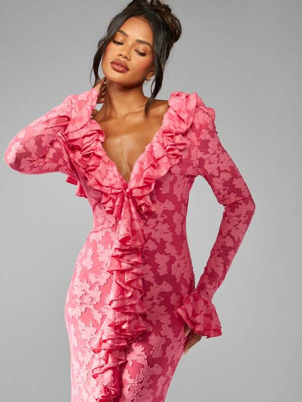 Missguided MISSGUIDED Long Sleeve Ruffle Detail Floral Lace Plunge Neckline Empire Waist Floor Length Maxi Dress
