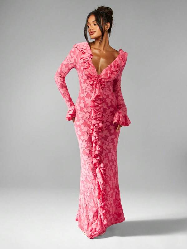 missguided MISSGUIDED Long Sleeve Ruffle Detail Floral Lace Plunge Neckline Empire Waist Floor Length Maxi Dress