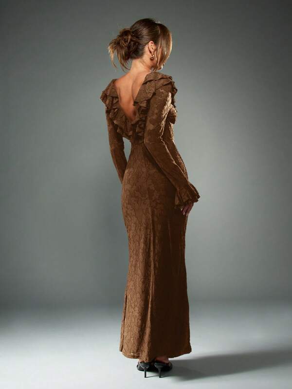 Missguided MISSGUIDED Long Sleeve Ruffle Lace Maxi Dress