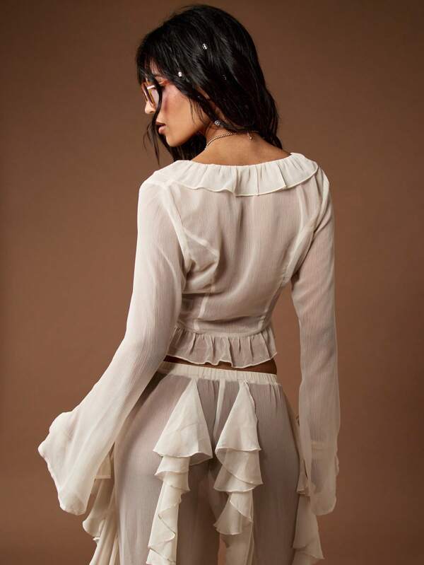 Missguided MISSGUIDED Long Sleeve Ruffled Crop Peasant Style Tie Front Blouse