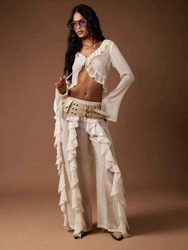 Missguided MISSGUIDED Long Sleeve Ruffled Crop Peasant Style Tie Front Blouse