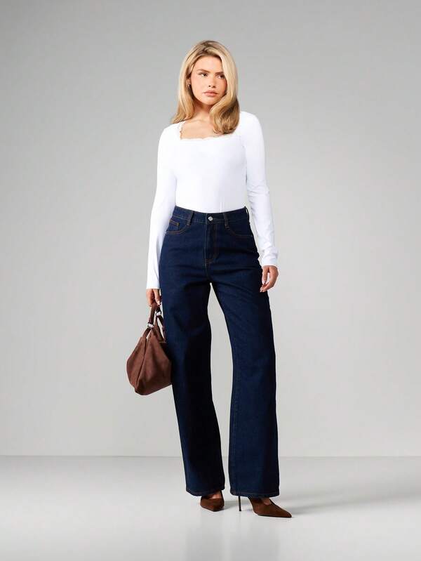 Missguided MISSGUIDED Long Sleeve Square Neck Scalloped Bodysuit