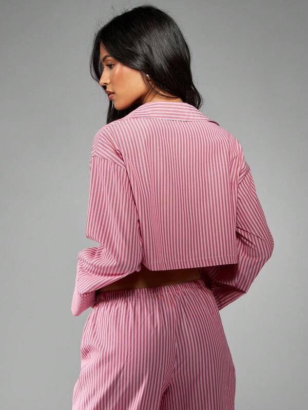 Missguided MISSGUIDED Long Sleeve Striped Collared Button Down Crop Top