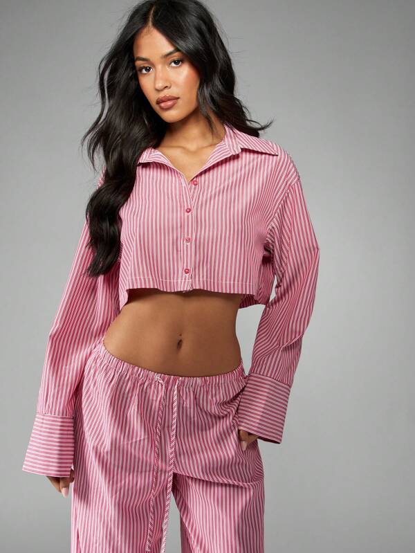 Missguided MISSGUIDED Long Sleeve Striped Collared Button Down Crop Top