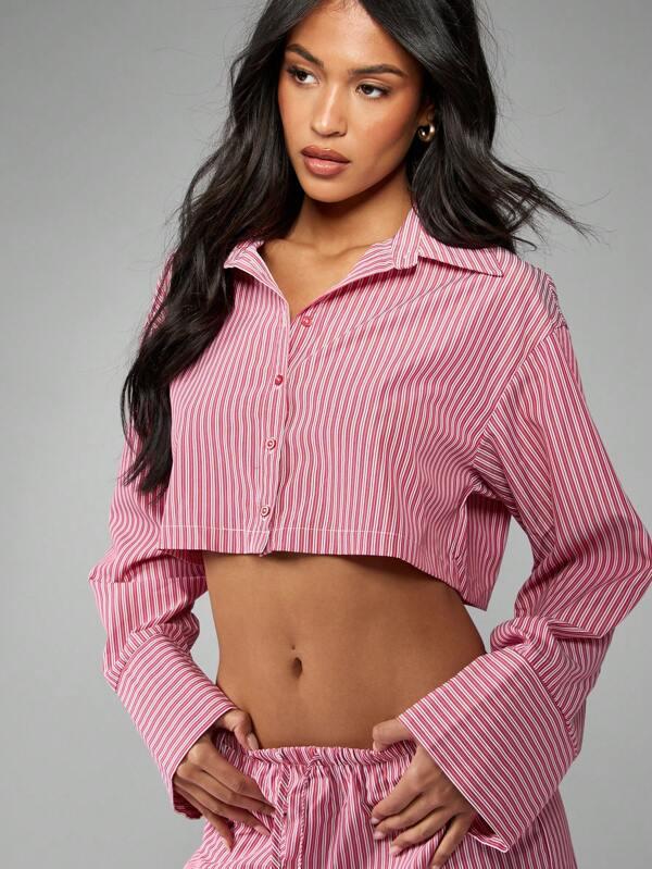 missguided MISSGUIDED Long Sleeve Striped Collared Button Down Crop Top