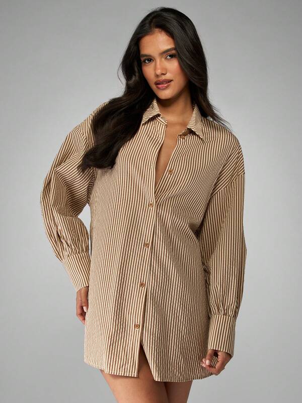 missguided MISSGUIDED Long Sleeve Striped Collared Mini Shirt Dress With Belt