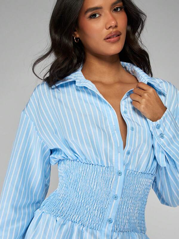 Missguided MISSGUIDED Long Sleeve Striped Shirt Dress With Smocked Waist
