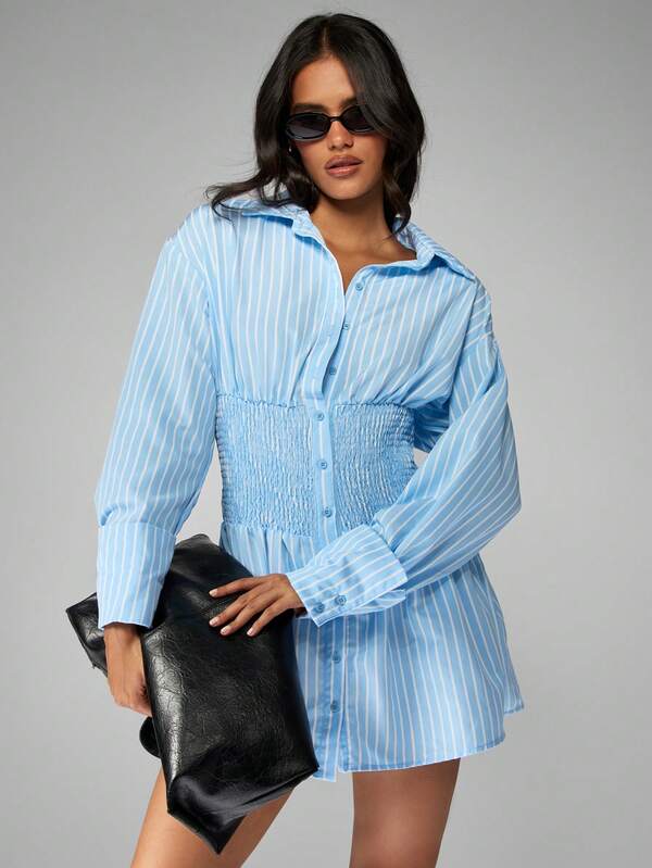 missguided MISSGUIDED Long Sleeve Striped Shirt Dress With Smocked Waist