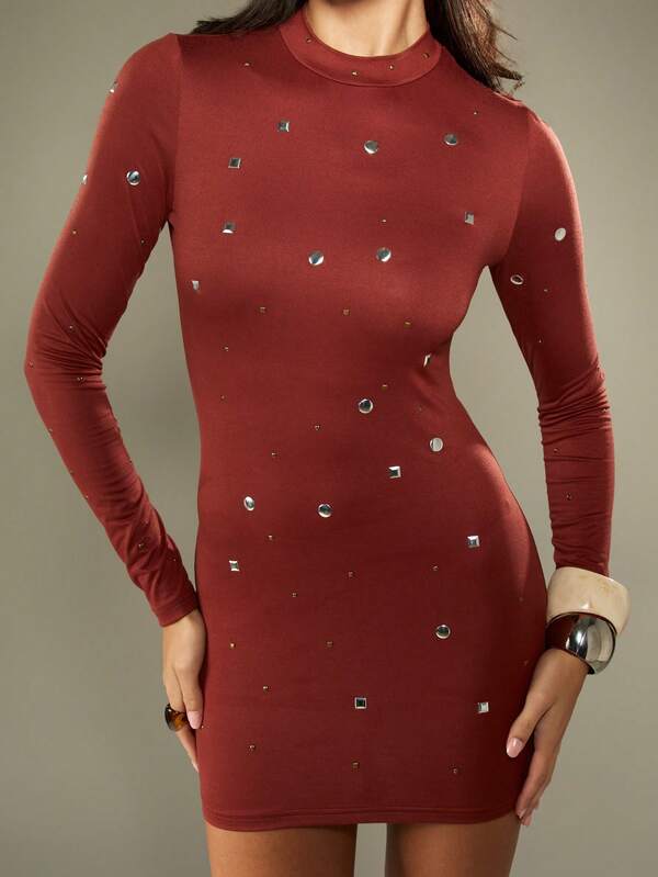Missguided MISSGUIDED Long Sleeve Studded Bodycon Mini Dress With Metal Details