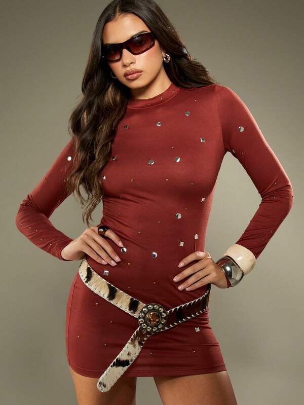 missguided MISSGUIDED Long Sleeve Studded Bodycon Mini Dress With Metal Details