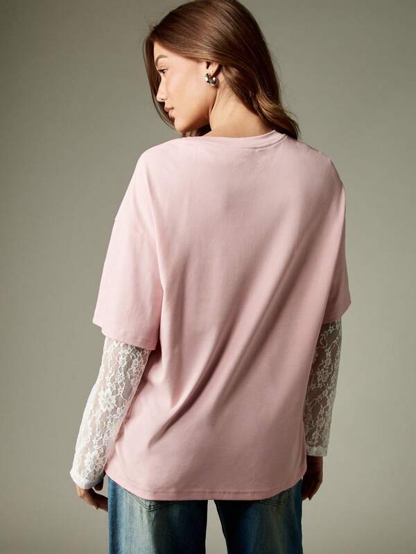 Missguided MISSGUIDED Long Sleeve T-Shirt With Lace Trimmed Sleeves