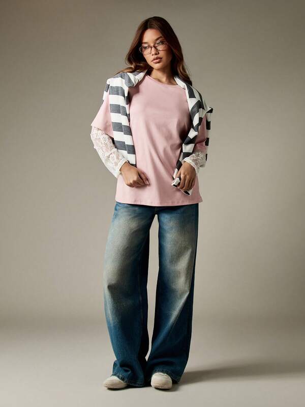 Missguided MISSGUIDED Long Sleeve T-Shirt With Lace Trimmed Sleeves