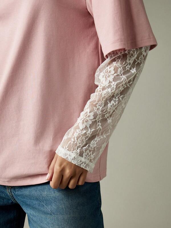 Missguided MISSGUIDED Long Sleeve T-Shirt With Lace Trimmed Sleeves