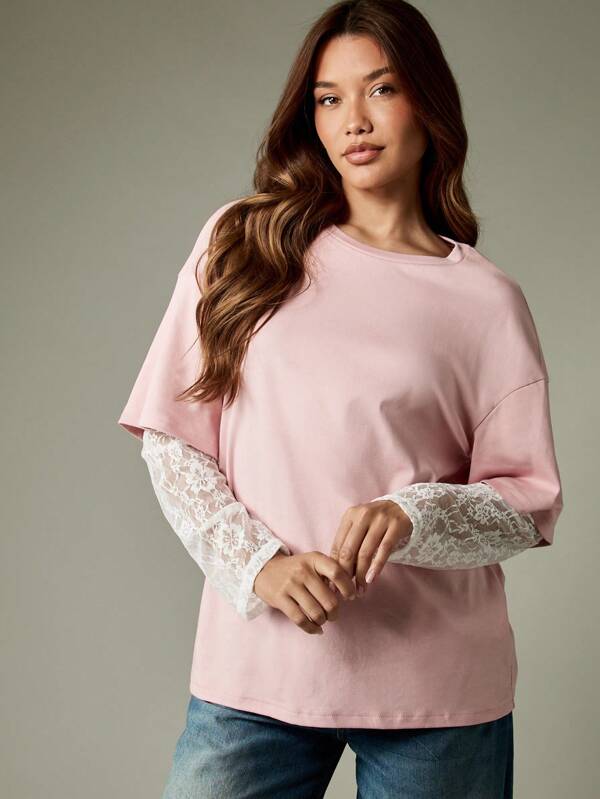 missguided MISSGUIDED Long Sleeve T-Shirt With Lace Trimmed Sleeves