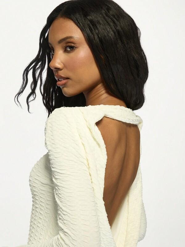 Missguided MISSGUIDED Long Sleeve Textured Ruched Off Shoulder Bodycon Elegant Mini Dress