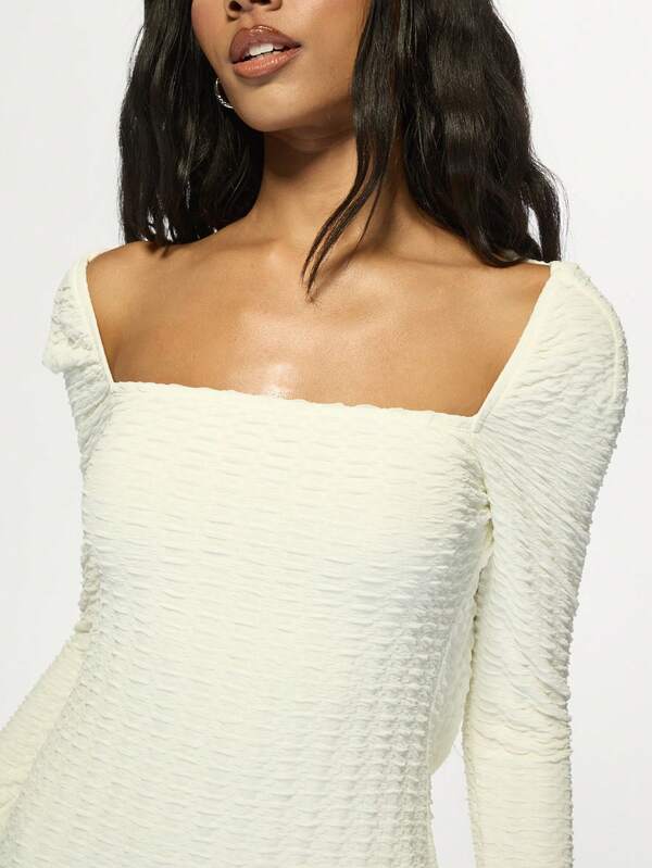 Missguided MISSGUIDED Long Sleeve Textured Ruched Off Shoulder Bodycon Elegant Mini Dress