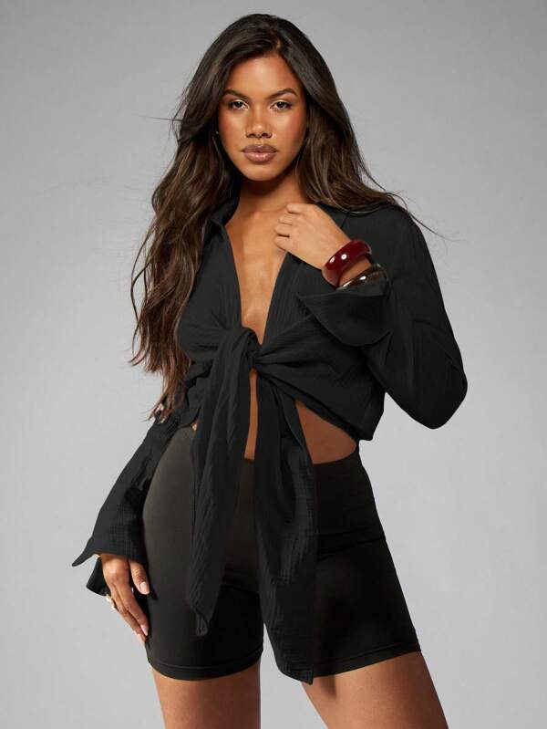 missguided MISSGUIDED Long Sleeve Tie Front V Neck Blouse