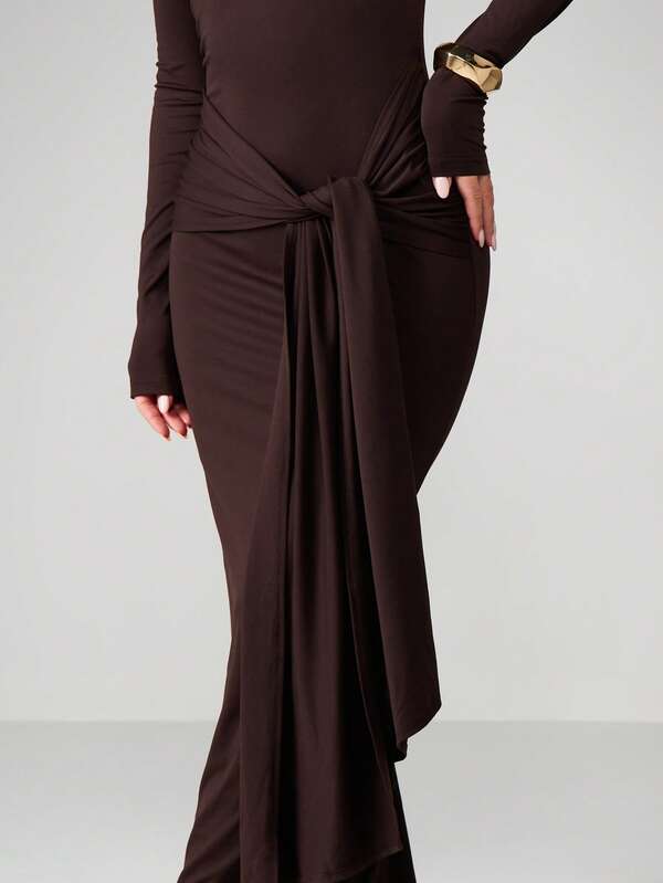 Missguided MISSGUIDED Long Sleeve Tie Waist Maxi Dress