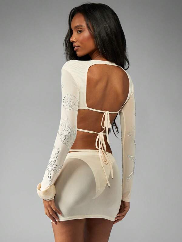 Missguided MISSGUIDED Long Sleeve Top And Mini Skirt With Rhinestone Design