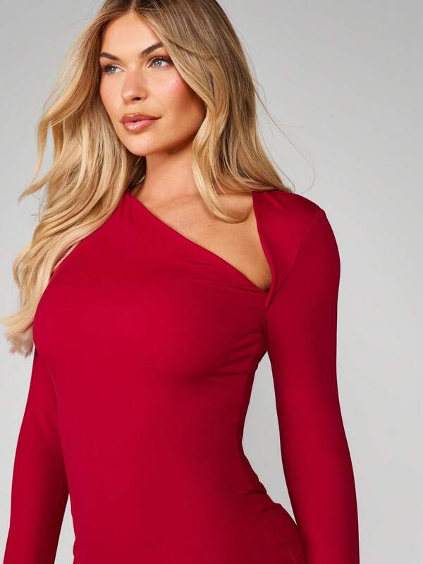 Missguided MISSGUIDED Long Sleeve V Neck Bodycon Mini