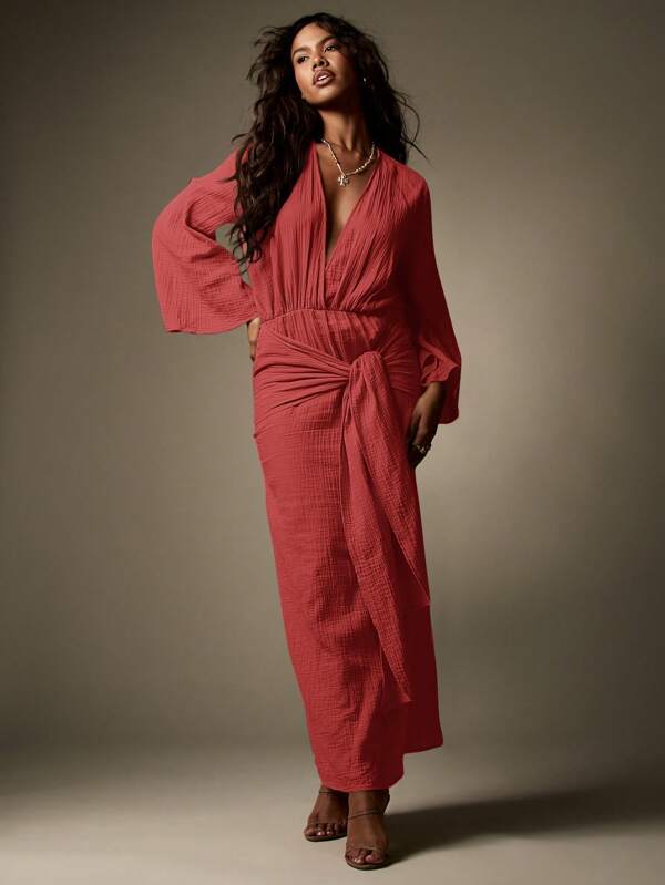 missguided MISSGUIDED Long Sleeve V Neck Maxi Dress With Bell Sleeves