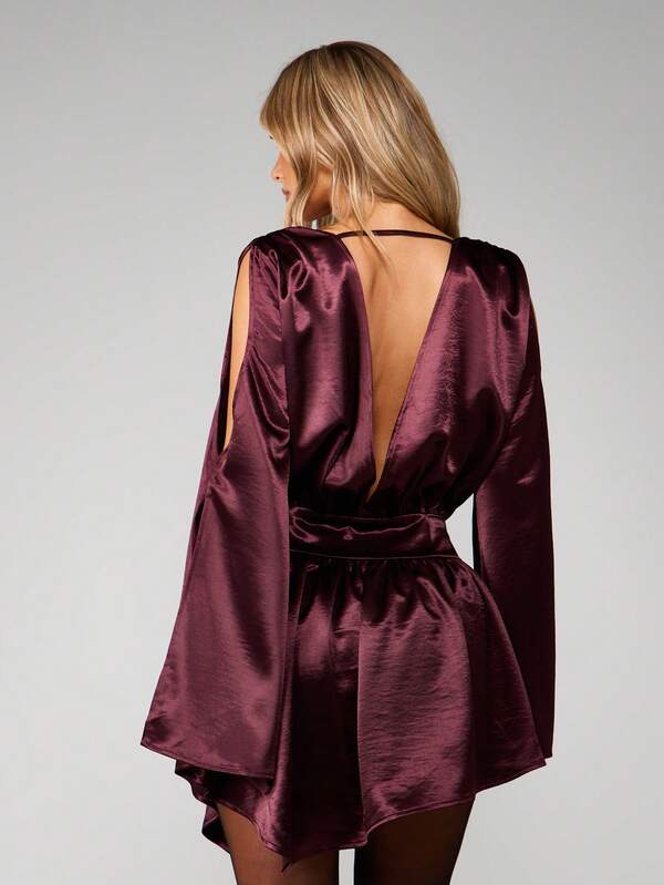 Missguided MISSGUIDED Long Sleeve Velvet Wrap Mini Dress