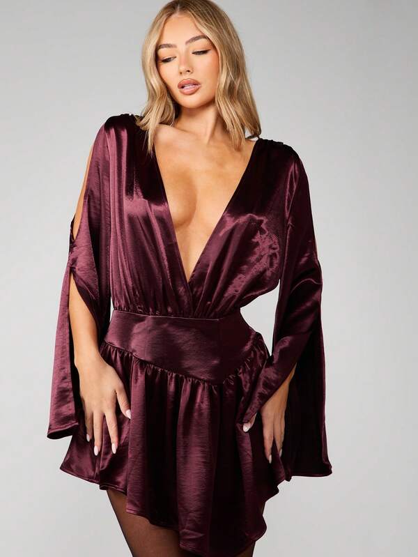 missguided MISSGUIDED Long Sleeve Velvet Wrap Mini Dress
