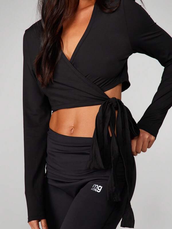 Missguided MISSGUIDED Long Sleeve Wrap Crop Top With Tie