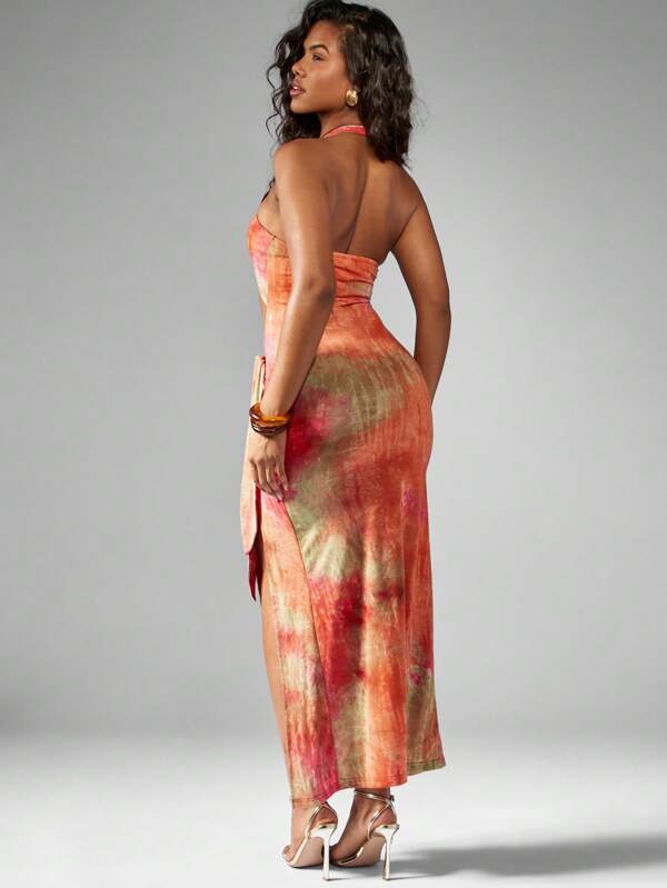 Missguided MISSGUIDED Long Tie Dye Cut-Out Halter Neck Maxi Dress With Side Slit