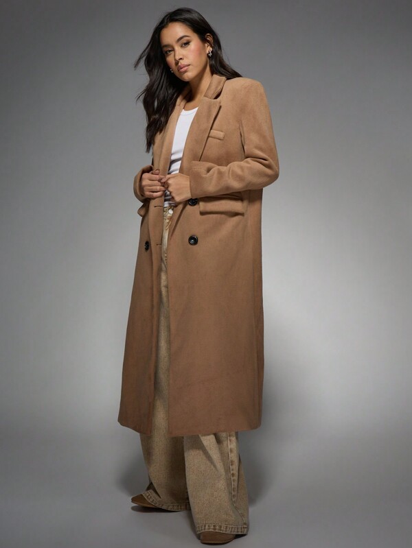 missguided MISSGUIDED Long Wool-Look Double-Breasted Tailored Lapel Collared Coat