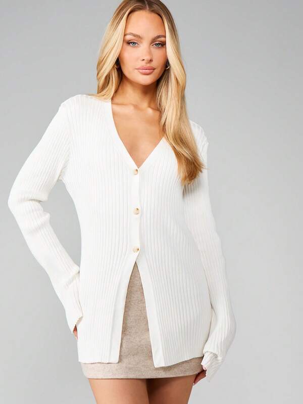 Missguided MISSGUIDED Longline Ribbed V Neck Cardigan With Buttons