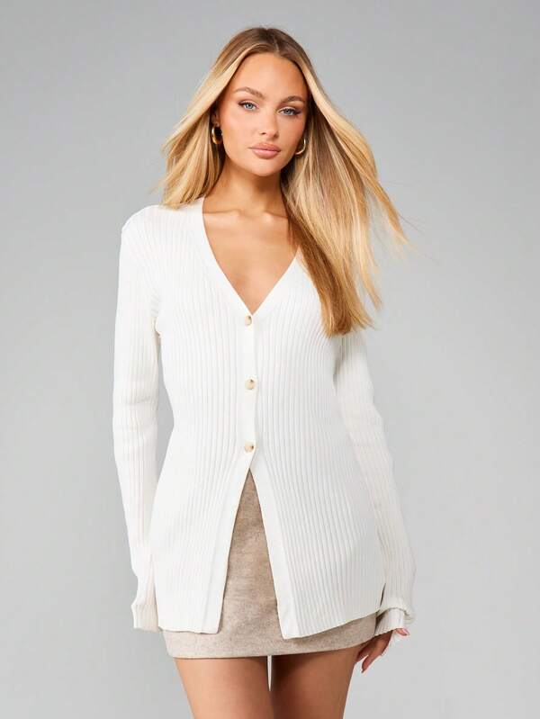 missguided MISSGUIDED Longline Ribbed V Neck Cardigan With Buttons