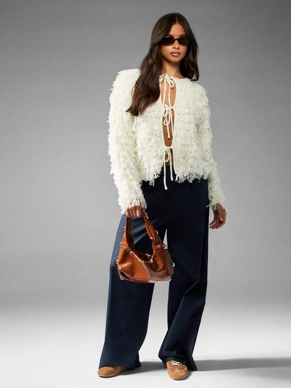 Missguided MISSGUIDED Loop Knit Cardigan With Fringe Detail And Tie Front