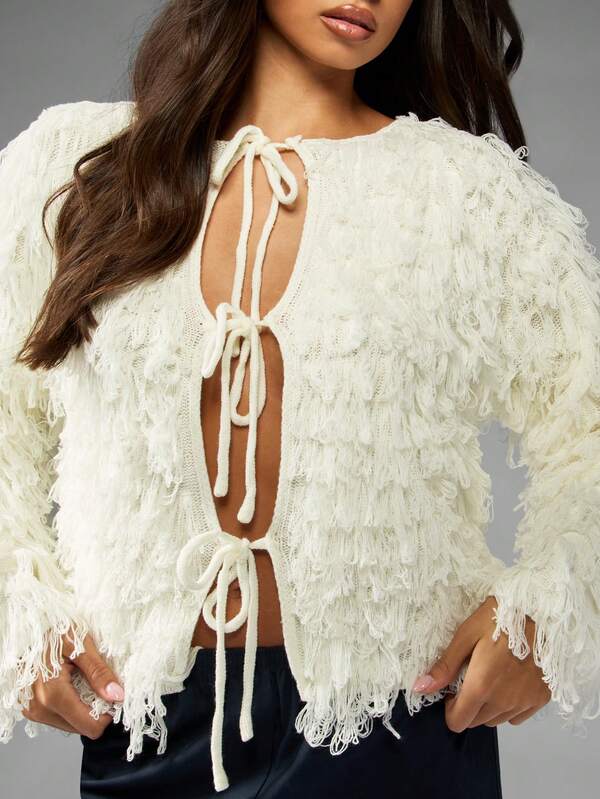 Missguided MISSGUIDED Loop Knit Cardigan With Fringe Detail And Tie Front