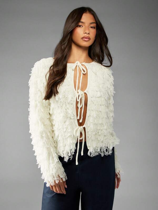 missguided MISSGUIDED Loop Knit Cardigan With Fringe Detail And Tie Front