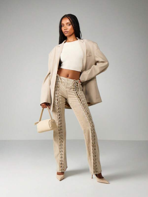 Missguided MISSGUIDED Low Rise Lace Up Acid Wash Jeans