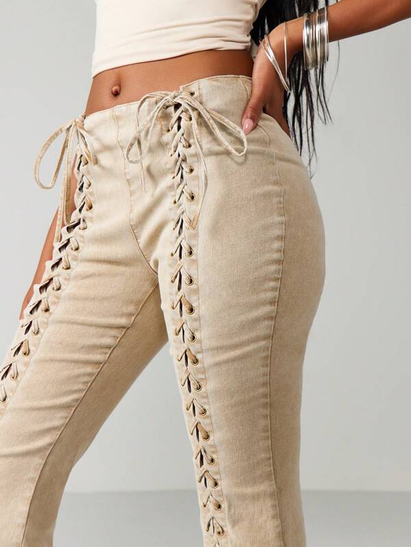 Missguided MISSGUIDED Low Rise Lace Up Acid Wash Jeans