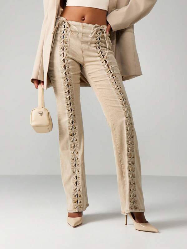 missguided MISSGUIDED Low Rise Lace Up Acid Wash Jeans