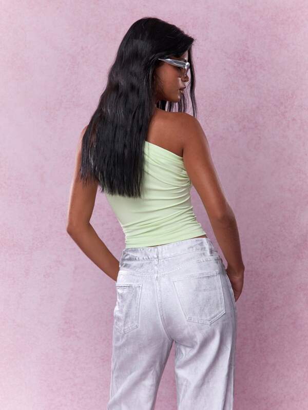 Missguided MISSGUIDED Lucky Charm One Shoulder Crop Top Sleeveless Irish-Themed Party Mint Ruched Tank St Patricks Day Celebration Spring Fashion Party Wear Club Night Out