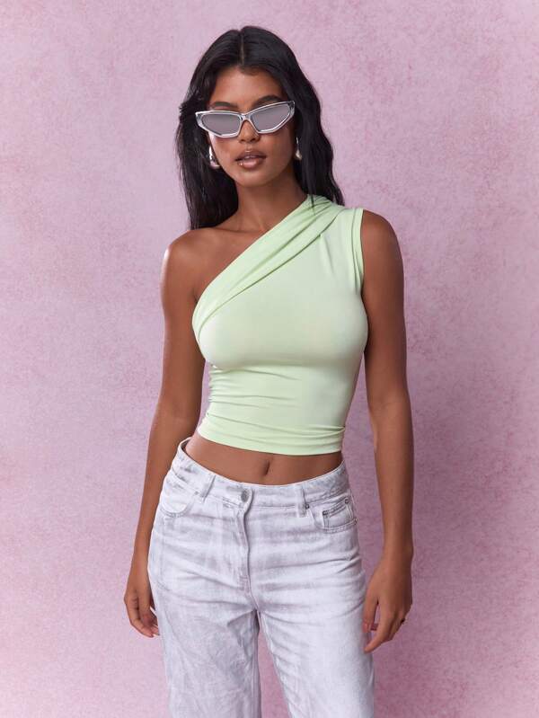 missguided MISSGUIDED Lucky Charm One Shoulder Crop Top Sleeveless Irish-Themed Party Mint Ruched Tank St Patricks Day Celebration Spring Fashion Party Wear Club Night Out
