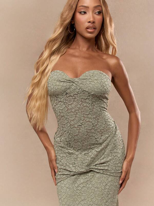 Missguided MISSGUIDED Lucky Charm Textured Sage Strapless Bodycon Maxi Evening Gown Special Occasion Dress For St. Patrick'S Day Party Irish-Themed Celebration Elegant Form-Fitting Long Formal Dress